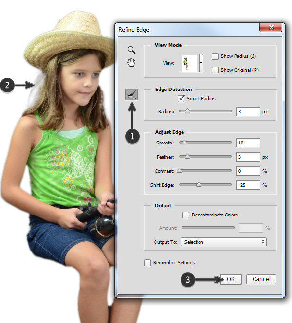 Use the Refine Radius tool to select the softer hair area